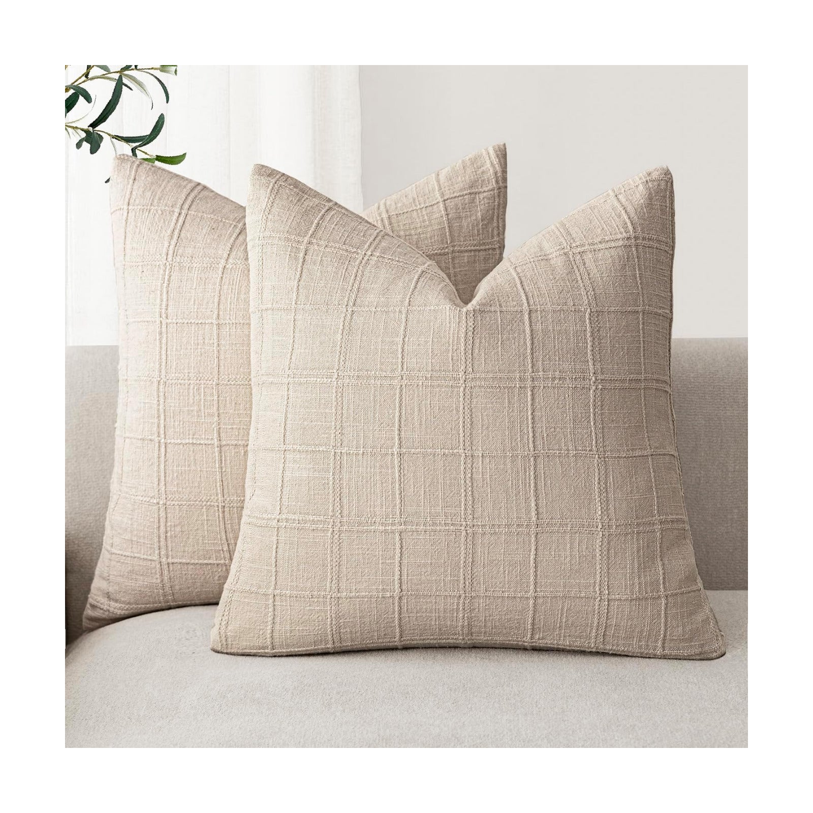 Decorative Linen Check Throw Pillow Covers Neutral Farmhouse / 20 x 20 / Natural Linen / Set of 2