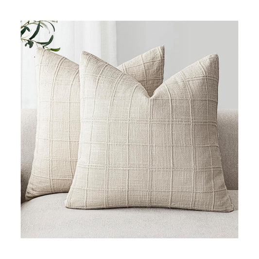Decorative Linen Check Throw Pillow Covers Neutral Farmhouse Vintage / 18 x 18 / Beige / Set of 2