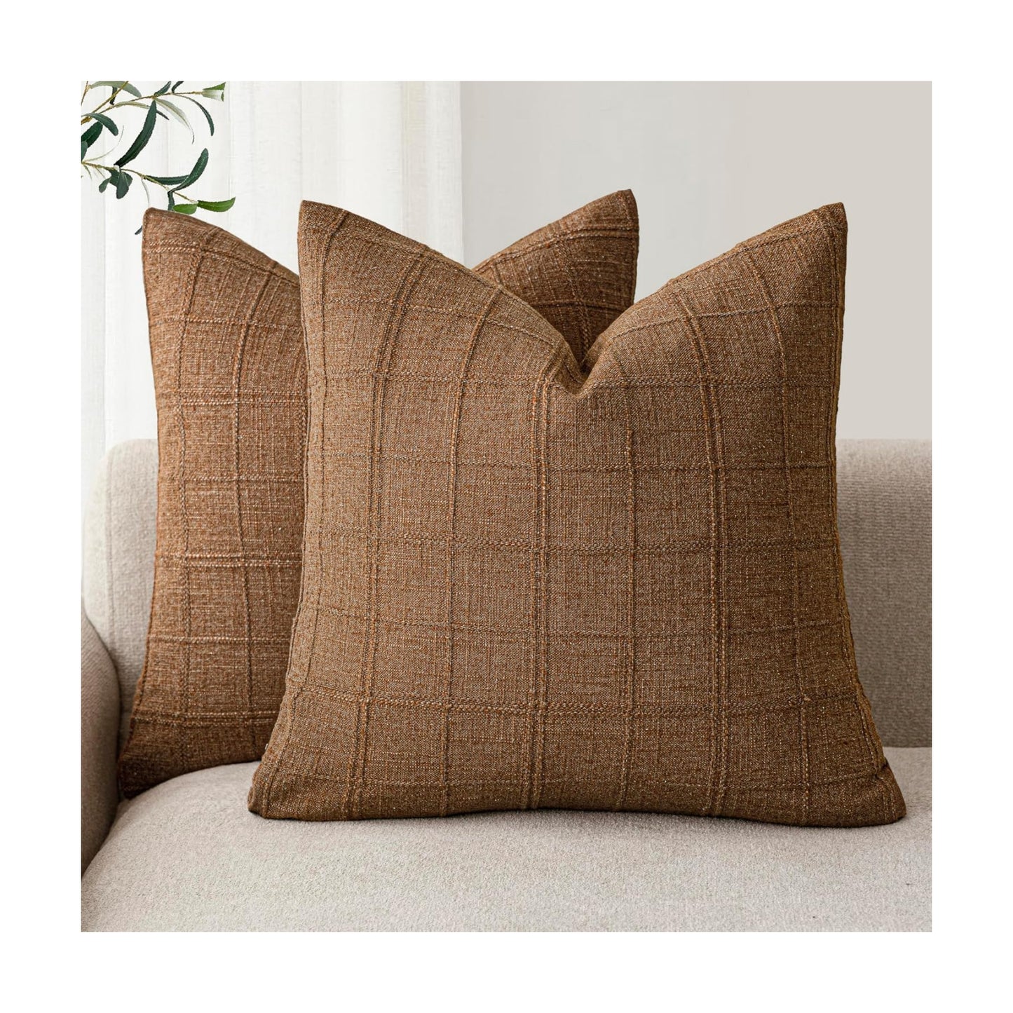 Decorative Linen Check Throw Pillow Covers Neutral Farmhouse / 18 x 18 / Brown Sugar / Set of 2