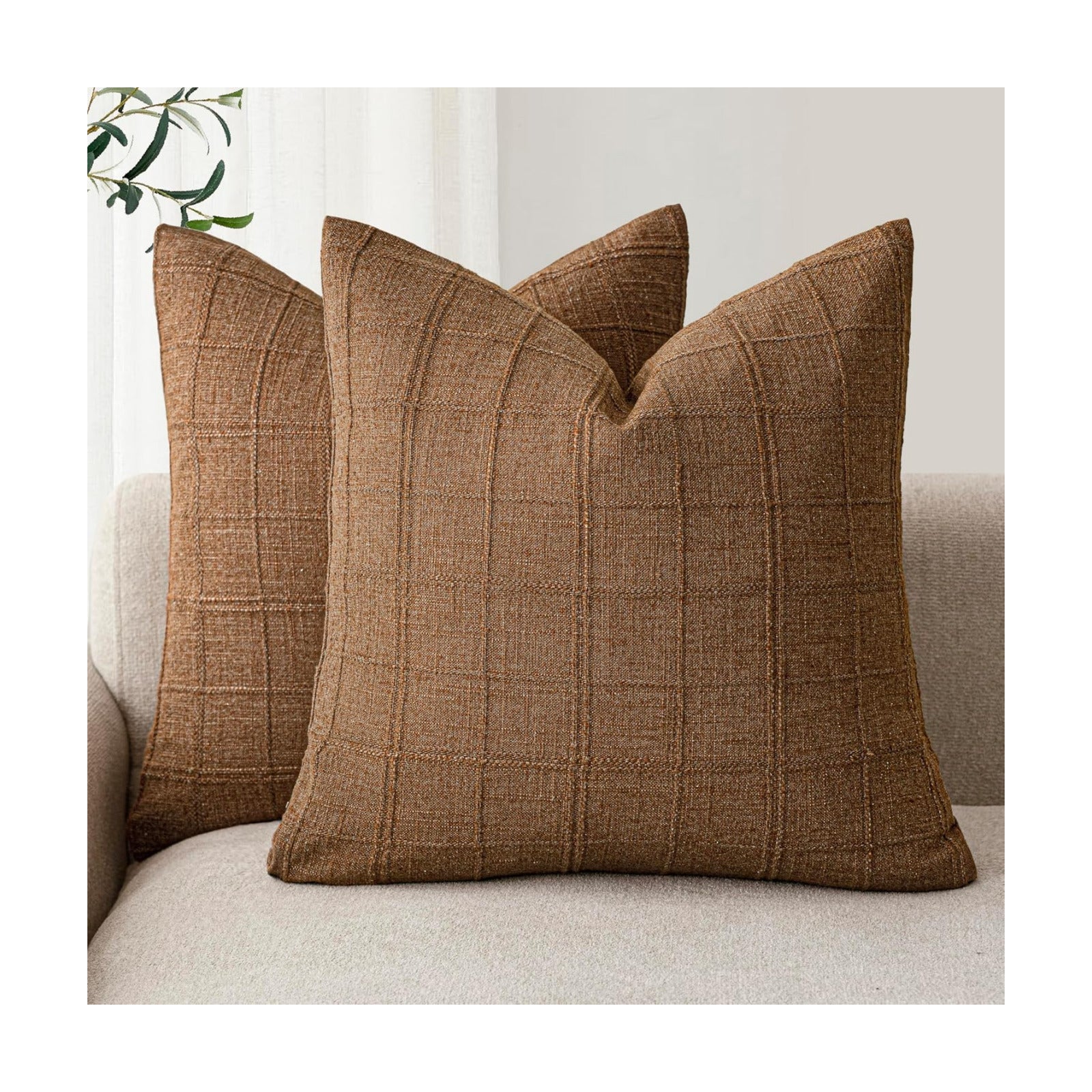 Decorative Linen Check Throw Pillow Covers Neutral Farmhouse / 18 x 18 / Brown Sugar / Set of 2