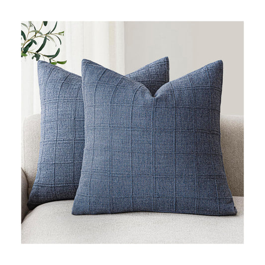 Decorative Linen Check Throw Pillow Covers Neutral Farmhouse Vintage / 18 x 18 / Blue / Set of 2