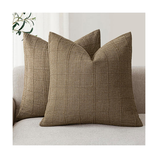 Decorative Linen Check Throw Pillow Covers Neutral Farmhouse Vintage / 20 x 20 / Brown / Set of 2