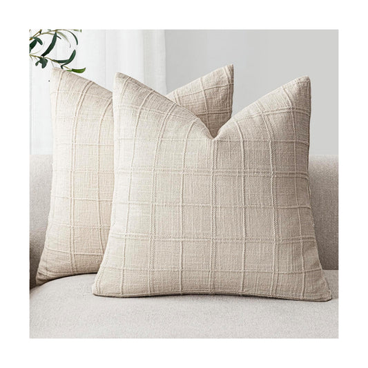 Decorative Linen Check Throw Pillow Covers Neutral Farmhouse Vintage / 20 x 20 / Beige / Set of 2