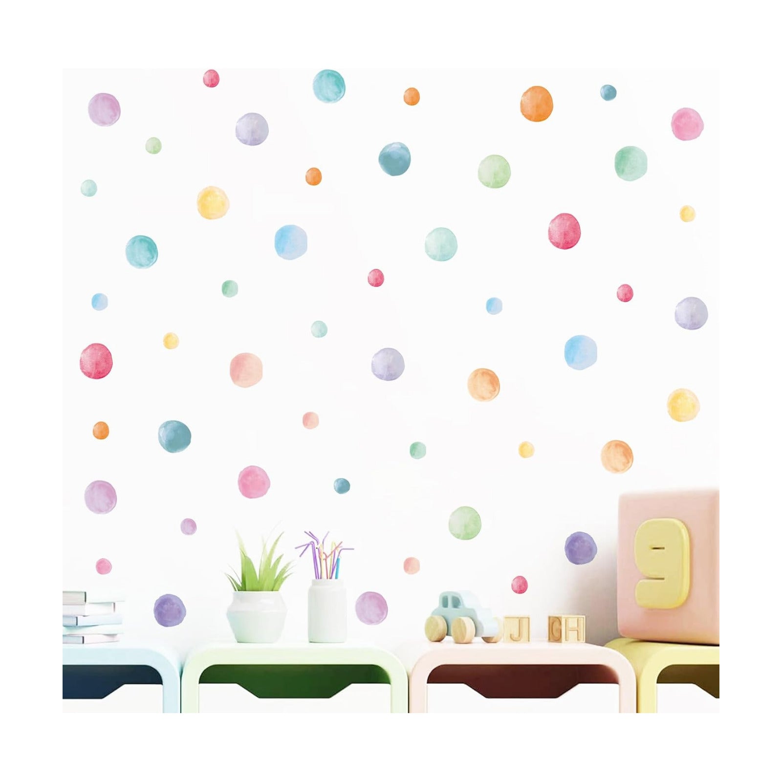 Peel and Stick Boho Rainbow Wall Stickers / Watercolor Polka Dots / Set of 201