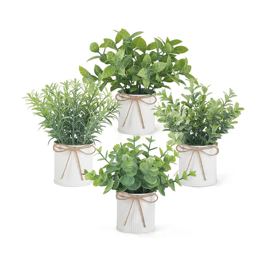 4 Packs Small Fake Plants in Farmhouse Galvanized Pots Table Centerpiece Mini / White / Mini-6"h