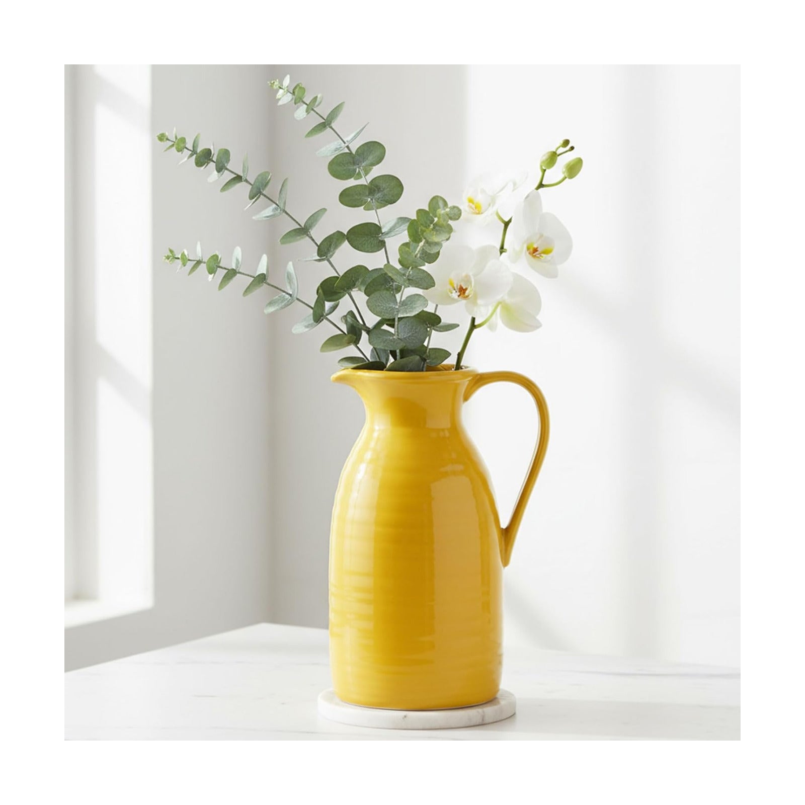 Farmhouse Pitcher Vase for Flowers- Decrative Pitchers White Ceramic Pitcher / Yellow - Pitcher Vase