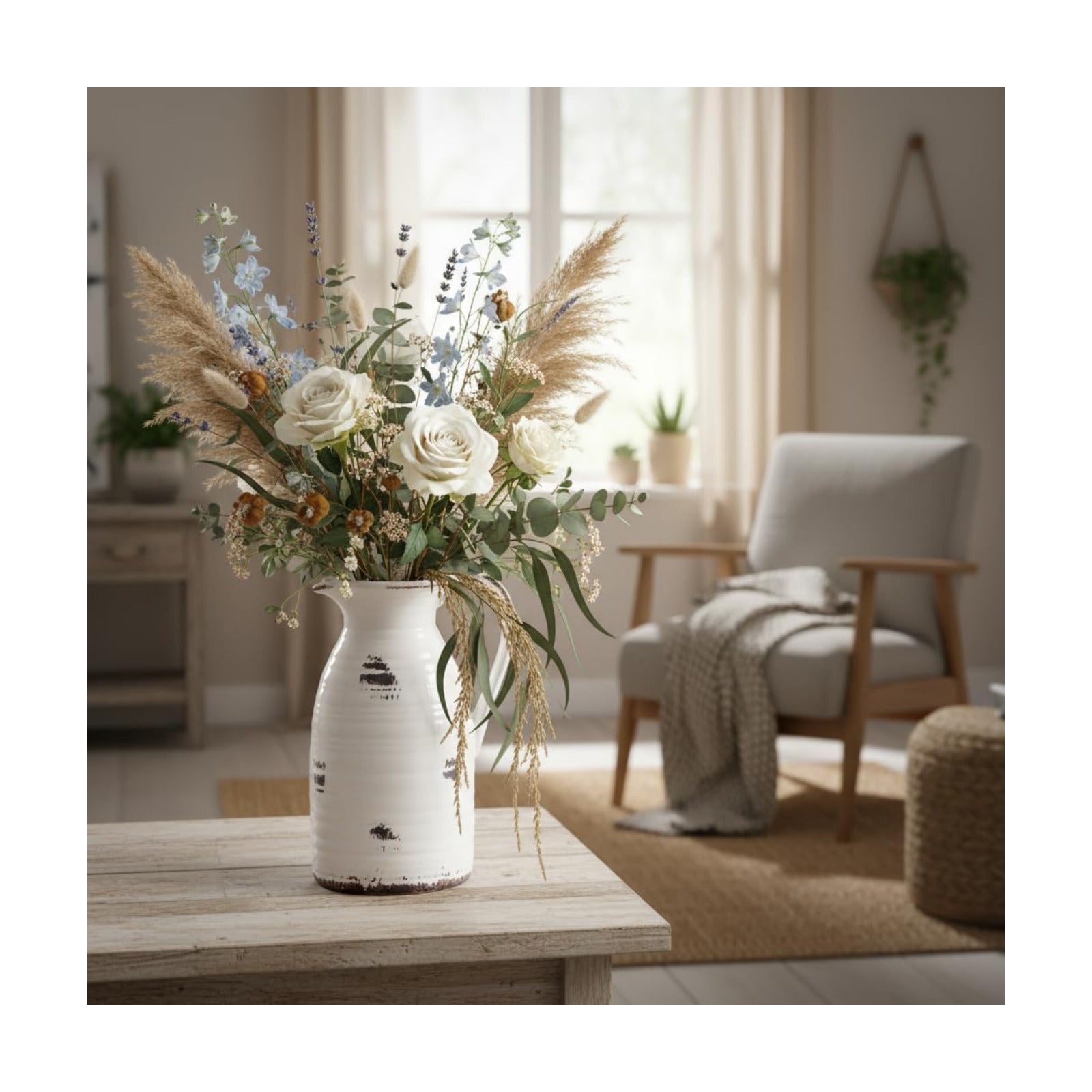 Farmhouse Pitcher Vase for Flowers- Ceramic Pitcher Vase Decrative / White and Qntique Pitcher Vase