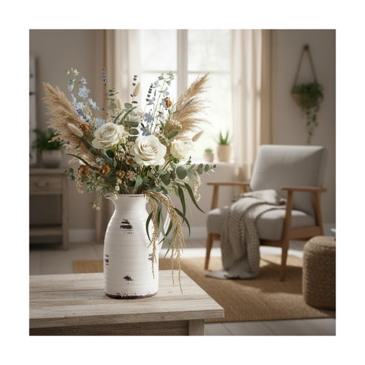 Farmhouse Pitcher Vase for Flowers- Ceramic Pitcher Vase Decrative / White and Qntique Pitcher Vase