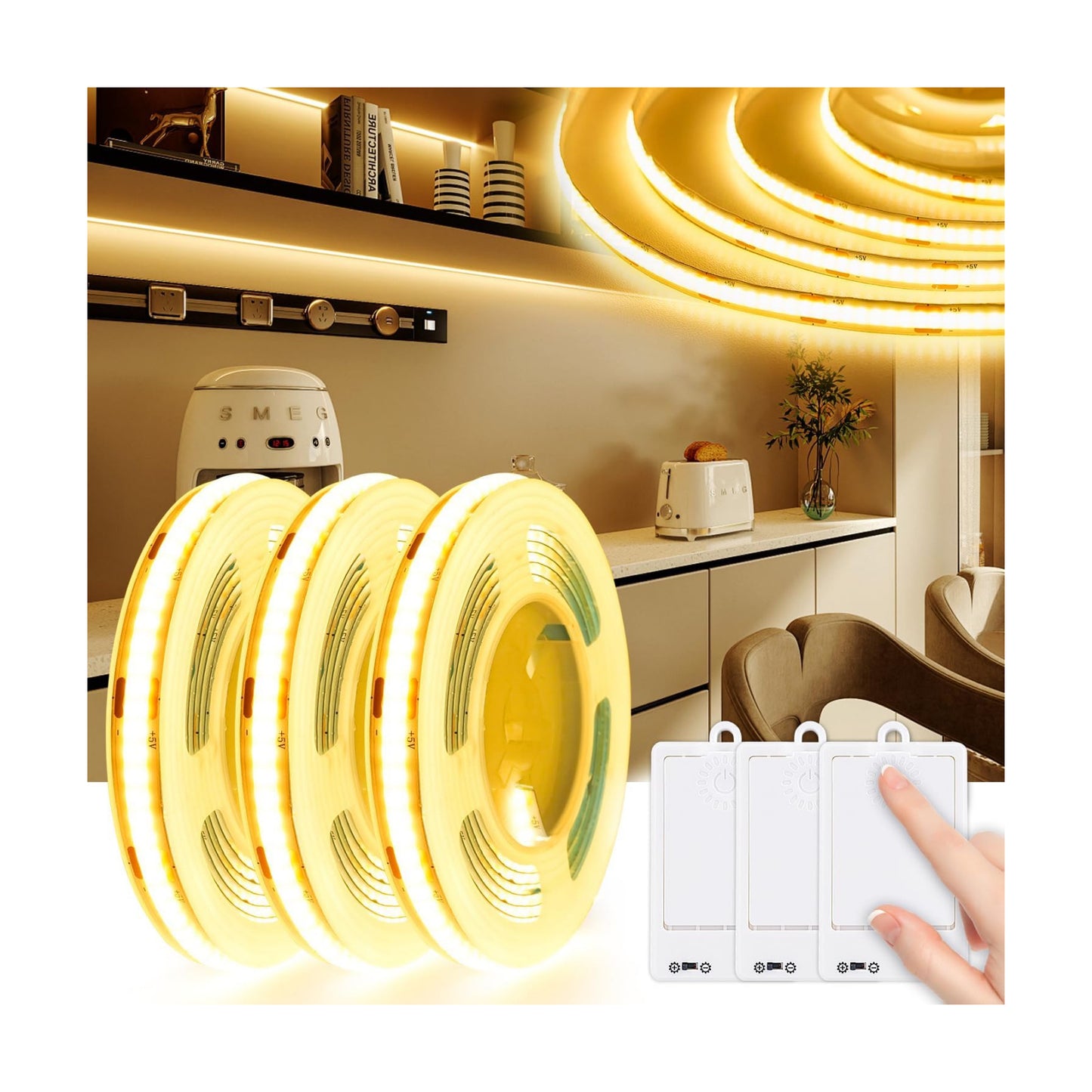 OMIKA 3 Pack COB LED Strip Lights, 3.3ft 320 LEDs Battery Powered LED Strip Lights Warm White, Dimmable Flexible
