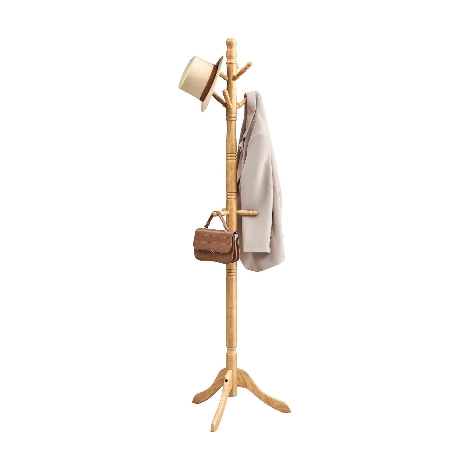 VASAGLE Solid Wood Coat Rack and Stand, Free Standing Hall Coat Tree with 10 Hooks for Hats, Bags, Purses, for