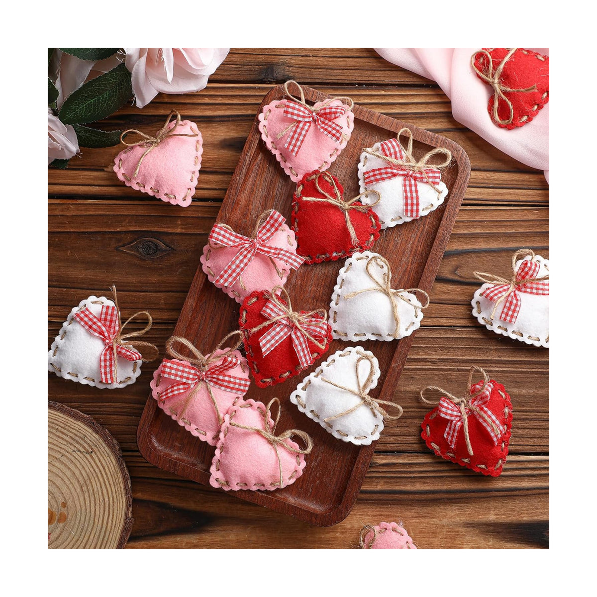 HunnmingRe 24 Pcs Valentine Felt Heart Ornaments for Tree Small Heart Hanging Decorations Valentine Felt Baubles for Home Wedding Party Decor(2.4 Inch,Elegant Style,Red Pink White)