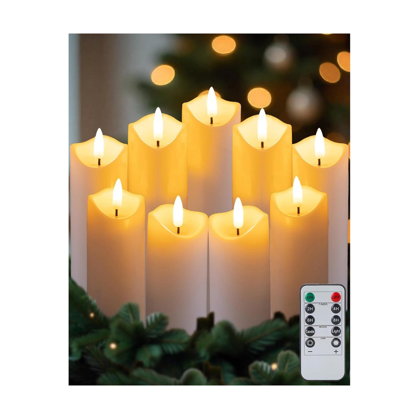 Gmnee 9-Pack Flickering Flameless Candles with Remote Timer, LED, Real Wax | 2" Diameter White Pillar Candles, Fake