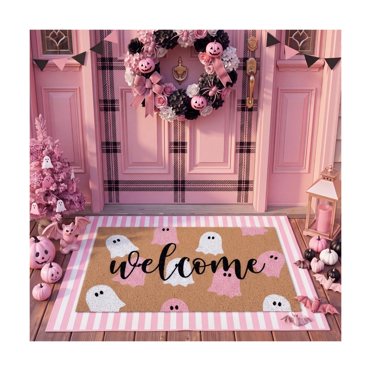 Tinideya 2 Pcs Halloween Ghost Layered Doormat Set, Pink White