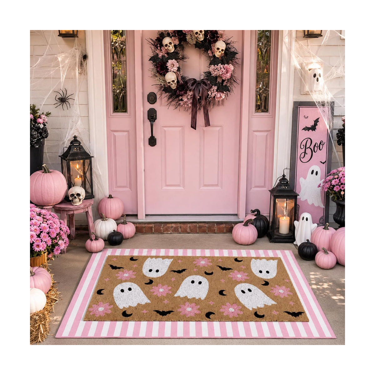 Tinideya 2 Pcs Halloween Pink Ghost Layered Doormat Set