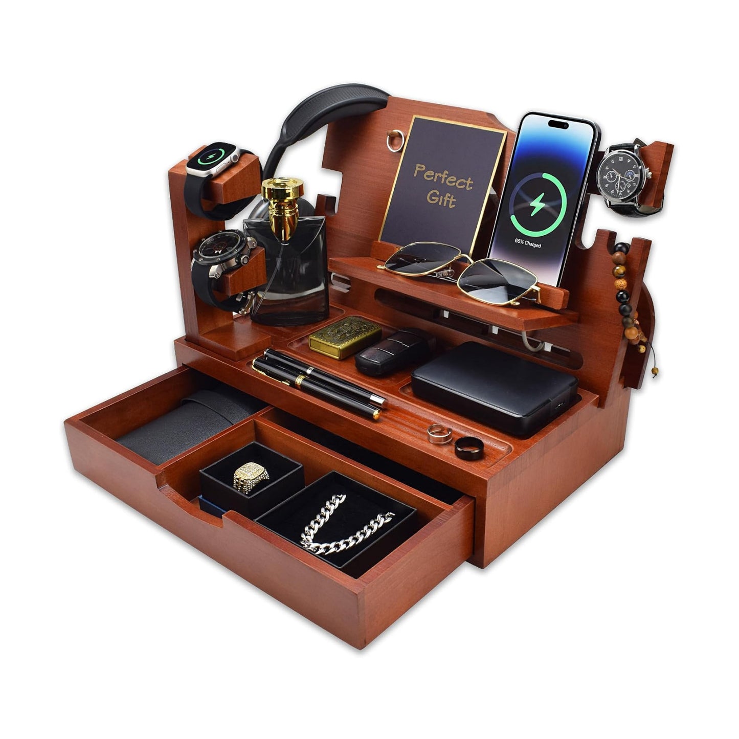 Nightstand Organizer for Men with Large Drawer, Wood Phone Docking Station for Phone, Apple Watch, Wallet & Keys, Ideal
