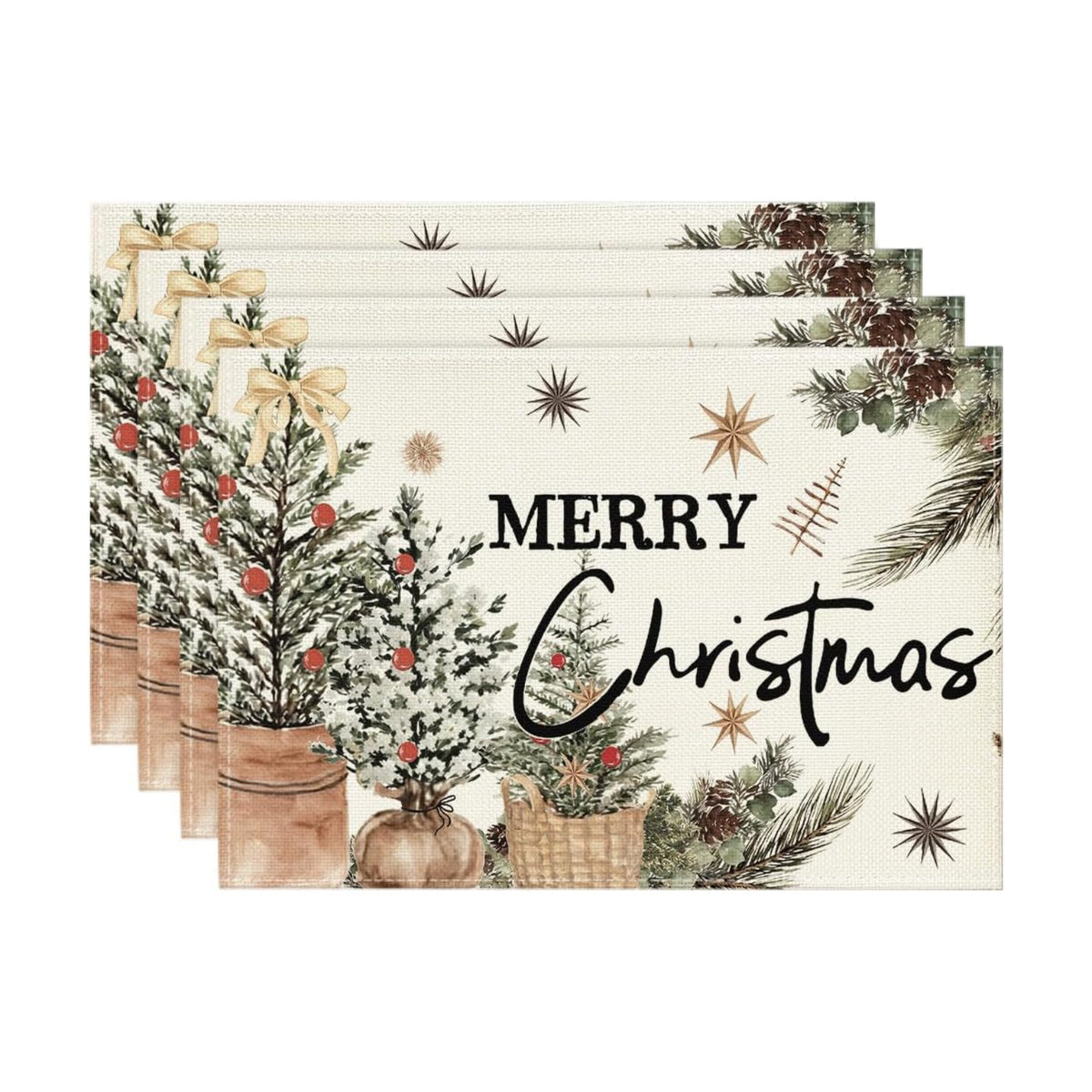 Artoid Mode Xmas Trees Holly Pine Cone Merry Christmas Placemats Set of 4, 12x18 Inch Seasonal Winter Holiday Table Mats for Party Kitchen Dining Decoration