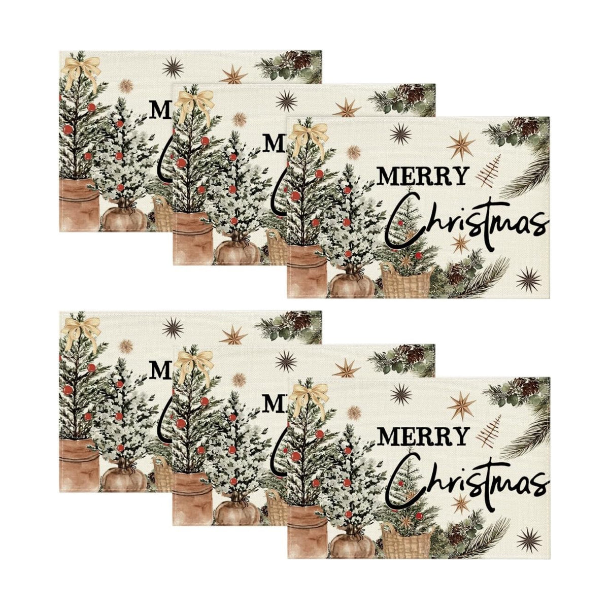 Artoid Mode Xmas Trees Holly Pine Cone Merry Christmas Placemats Set of 6, 12x18 Inch Seasonal Winter Holiday Table Mats for Party Kitchen Dining Decoration