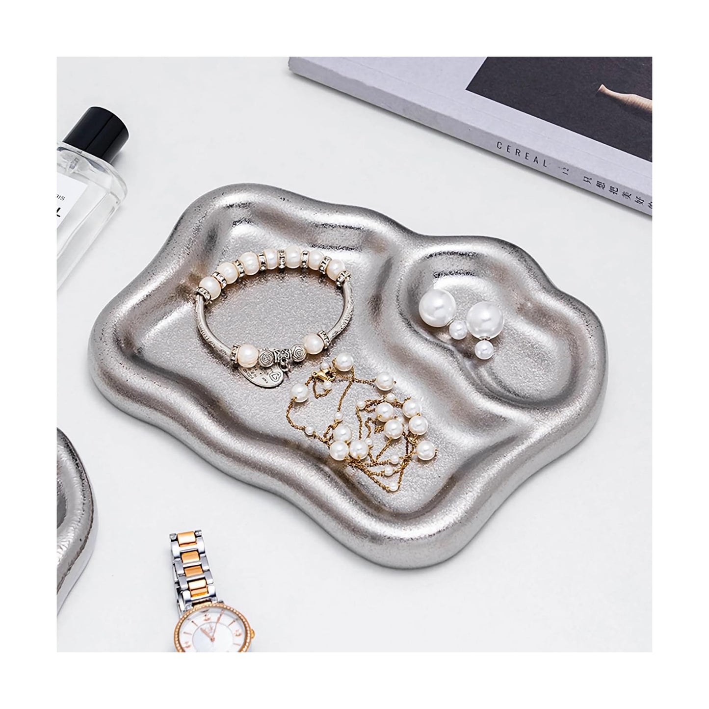 Ceramic Jewelry Tray Dish Large-sized Display Organizer Trinket Watch Keys / Silver