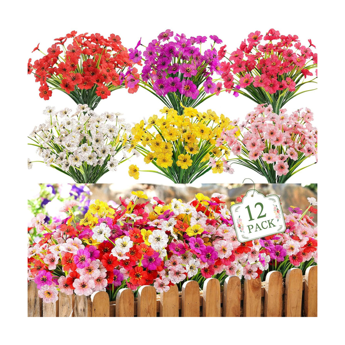 12 Bundles Artificial Flowers for Outdoors, UV Resistant Faux Plants