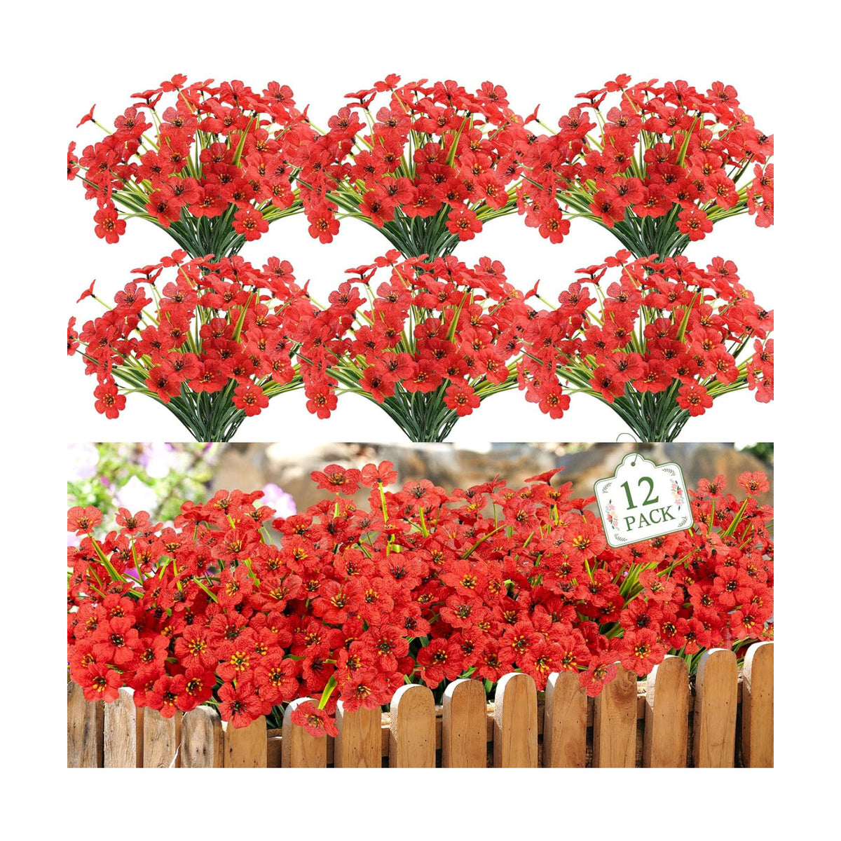 12 Bundles Red Artificial Flowers for Outdoors, UV Resistant Faux Plants