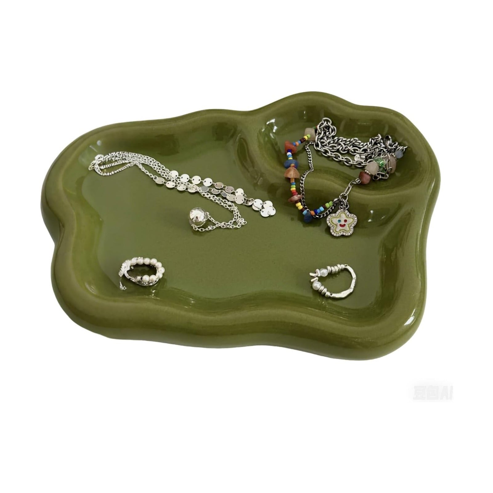 Green Ceramic Jewelry Tray Dish Large-sized Display Organizer Trinket Watch Keys / Olive Green