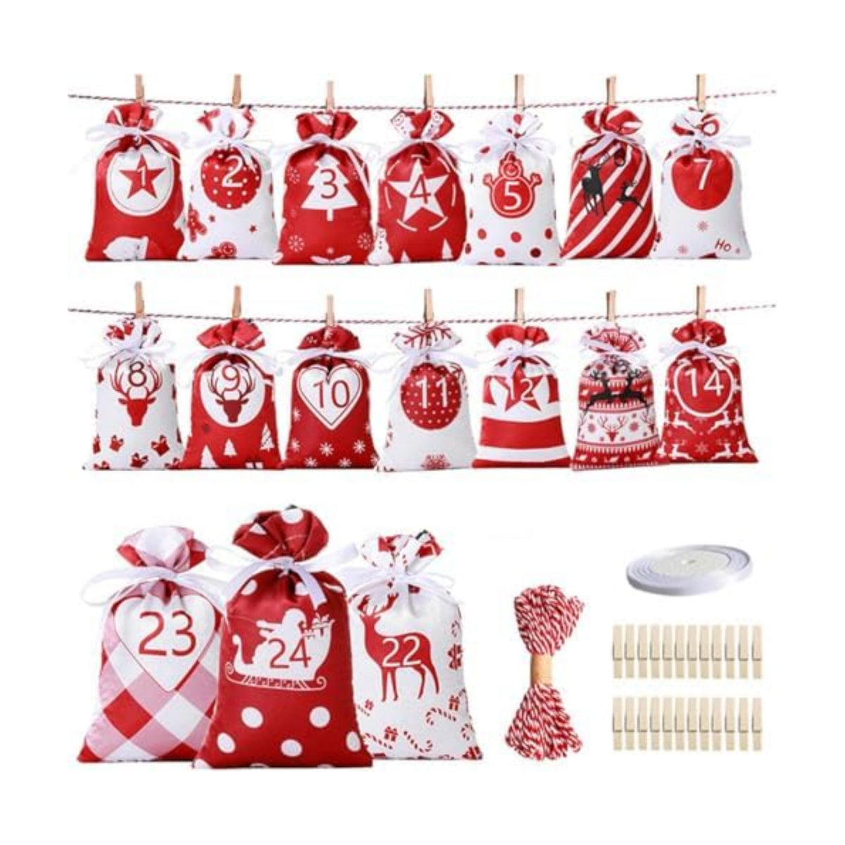 24 Pcs Christmas Drawstring Gift Wrap Bags Reusable Advent Calendar Bags Cute Xmas Candy Toys Goody Treat Bag Pocket for Holiday Weedings Birthdays Party Favor Home Storage Gift Bag