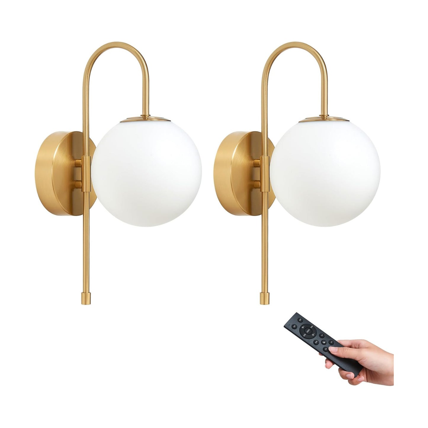Battery Operated Gooseneck Wall Sconces, Brushed Gold Globe Glass Set of 2