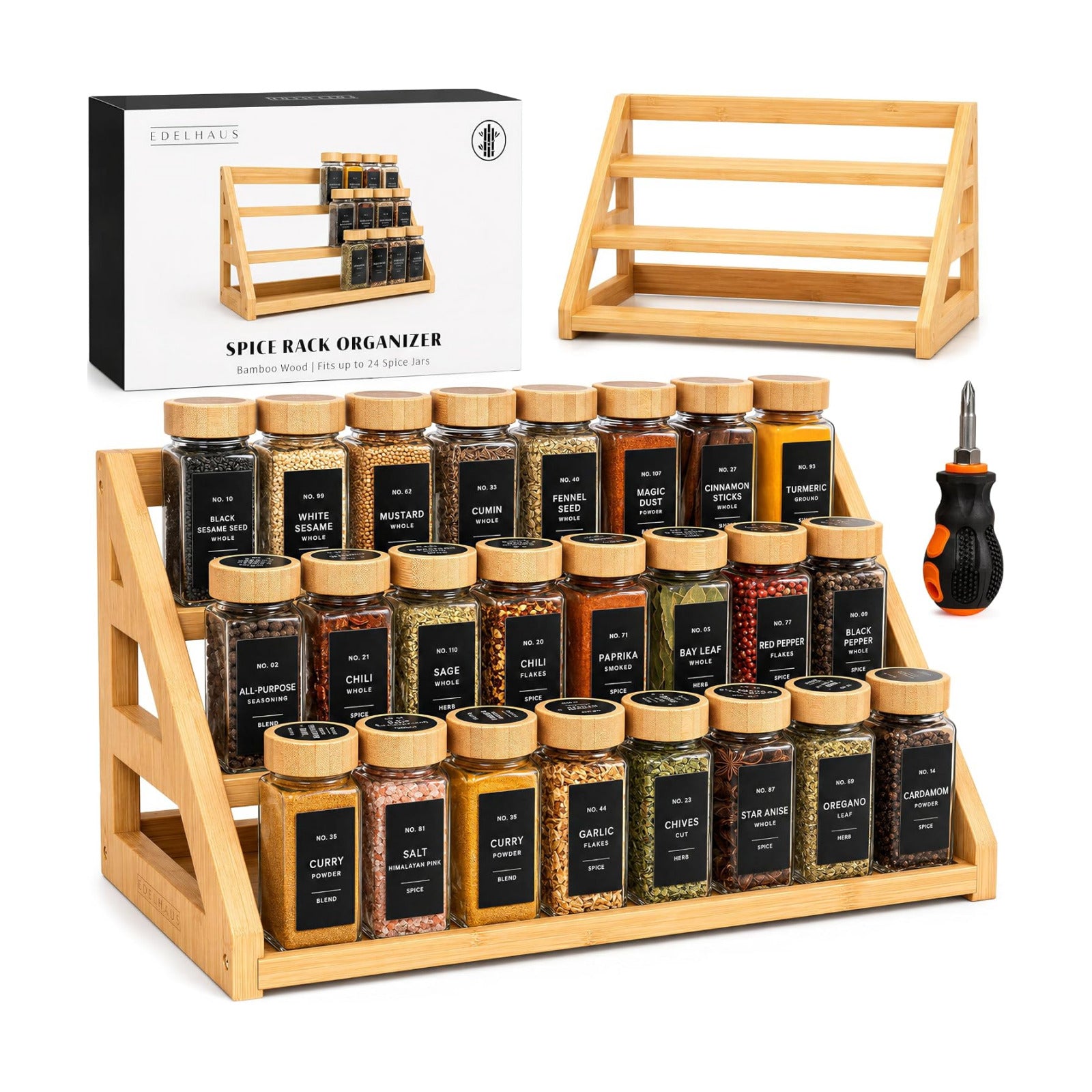 3 Tier Bamboo Spice Rack Organizer for Cabinet – Fits 24 Spice Jars, 17.5” Wide Countertop & Cabinet Organizer for