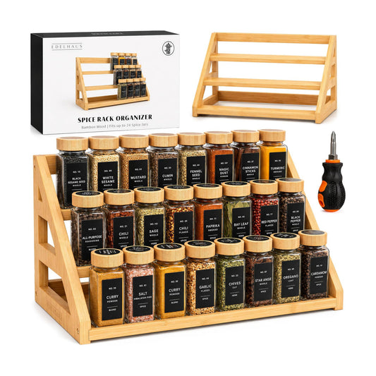 3 Tier Bamboo Spice Rack Organizer for Cabinet – Fits 24 Spice Jars, 17.5” Wide Countertop & Cabinet Organizer for