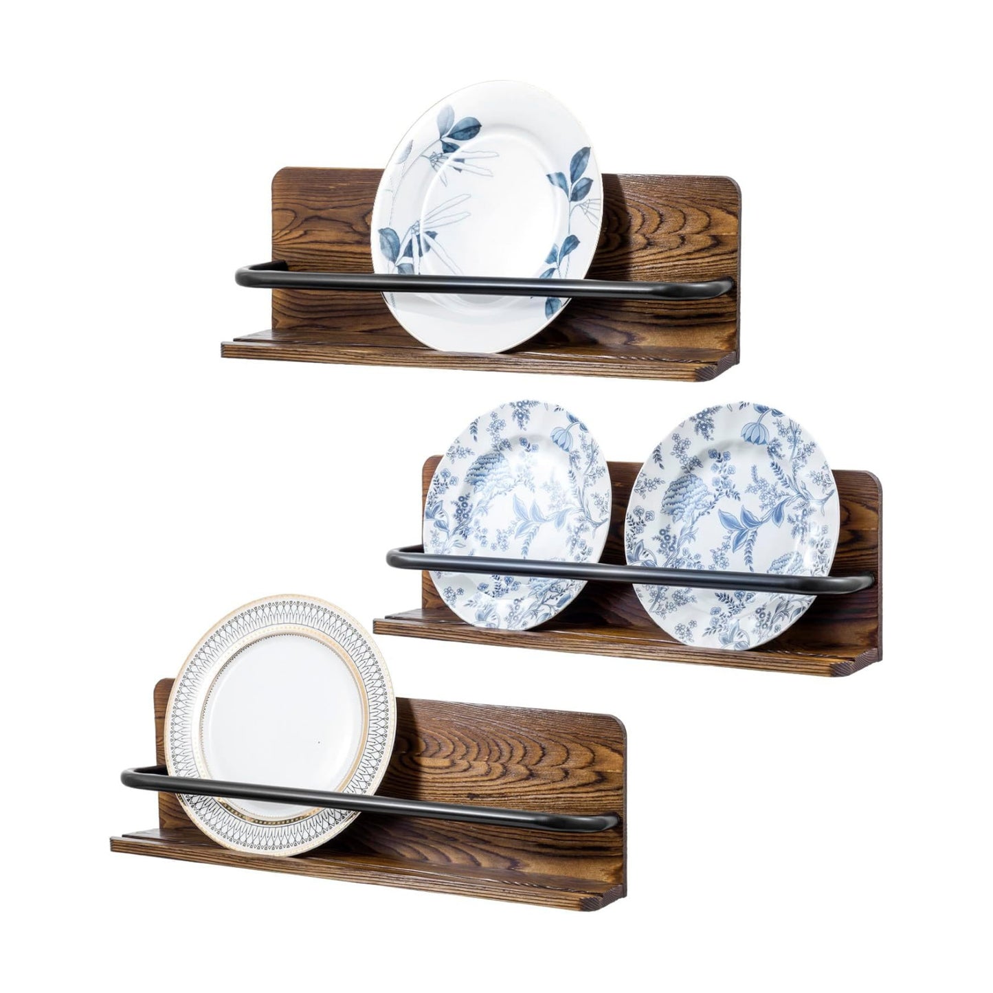 MyGift Plate Wall Hangers for Display, Set of 3 Wall Mounted Plate Rack for 6 to 10 Inch Plates, Decorative Wood Stand