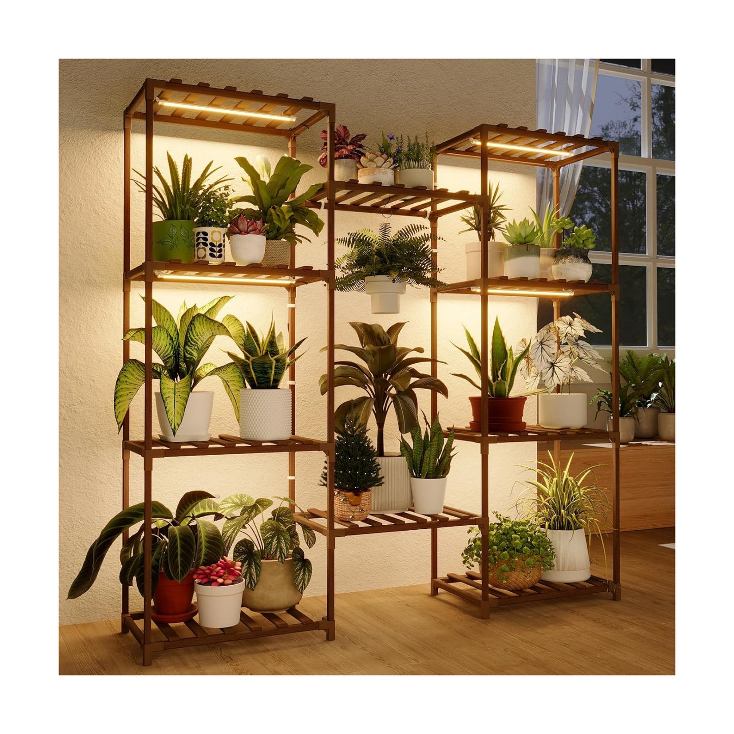 Bamworld Plant Stand with Grow Lights Large Plant Shelf for Mutiple Pots Plant Holder for Living Room Patio Boho Home