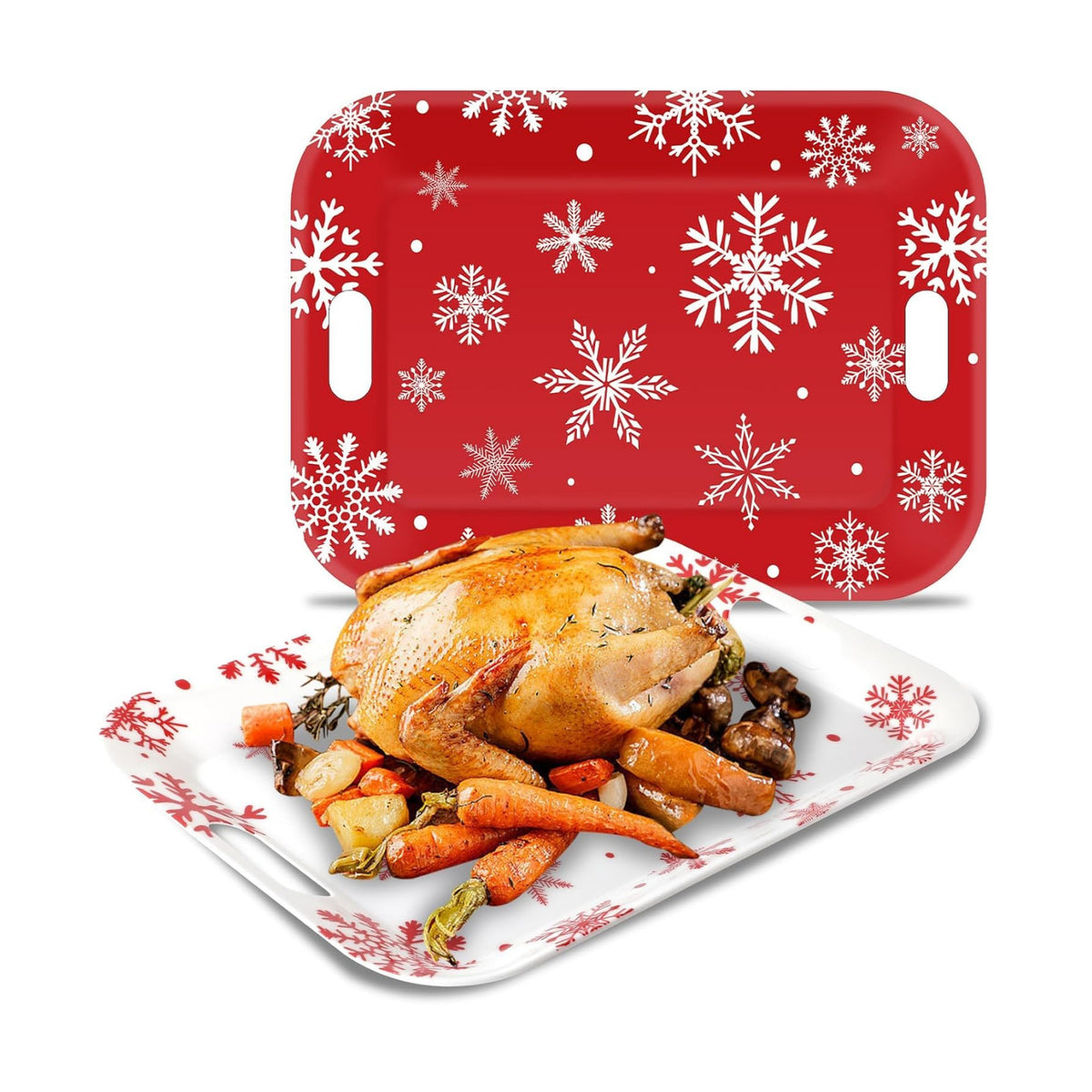 2Pcs Winter Serving Trays 16.1 x 11.1 Inch Large Melamine Christmas Trays Platters with Handles Rectangular Snowflake Melamine Dish for Serving Food Outdoor Dinner Dessert Plates Party Decorations