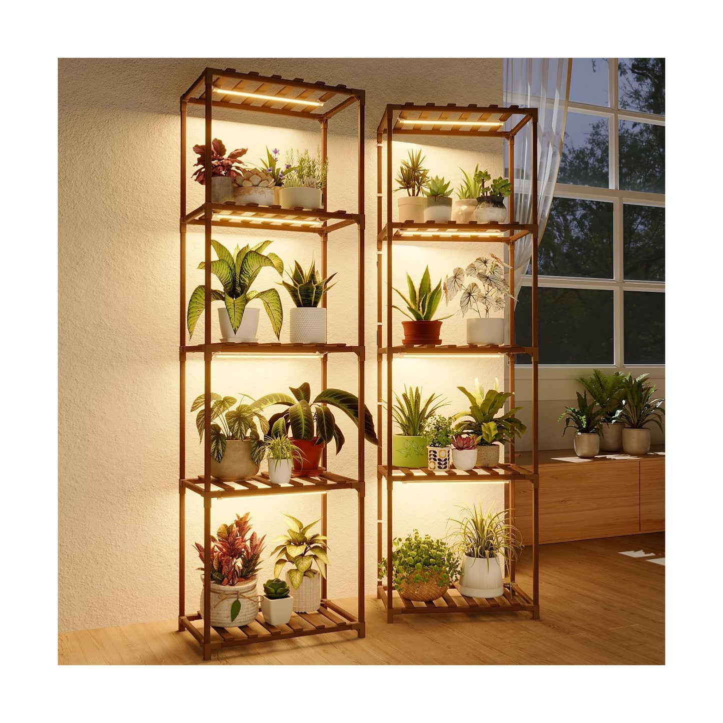 Bamworld Plant Stands with Grow Lights Sets of 2 Tall Plant Shelves