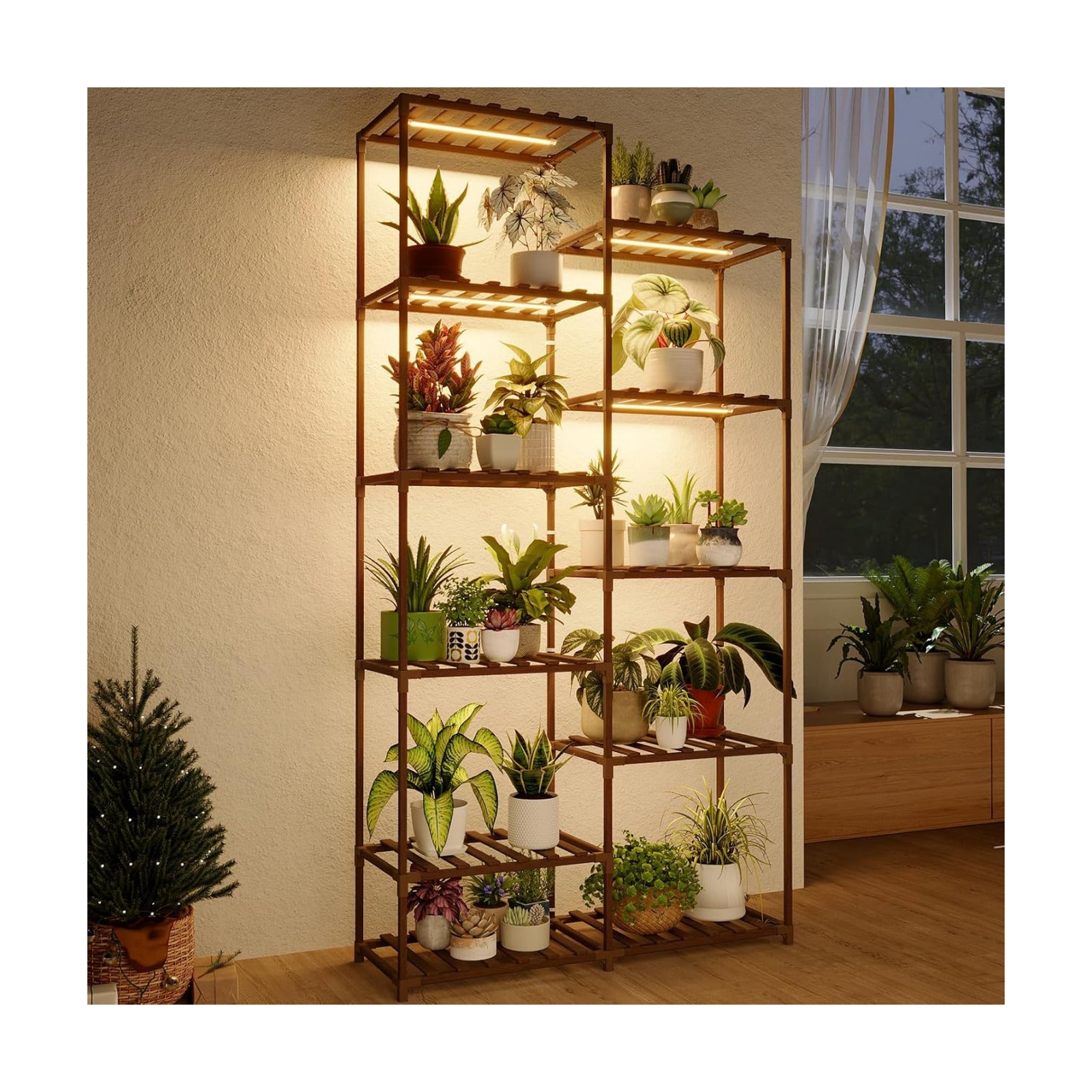 Bamworld Tall Plant Stand with Grow Lights Large Indoor Plant Shelf