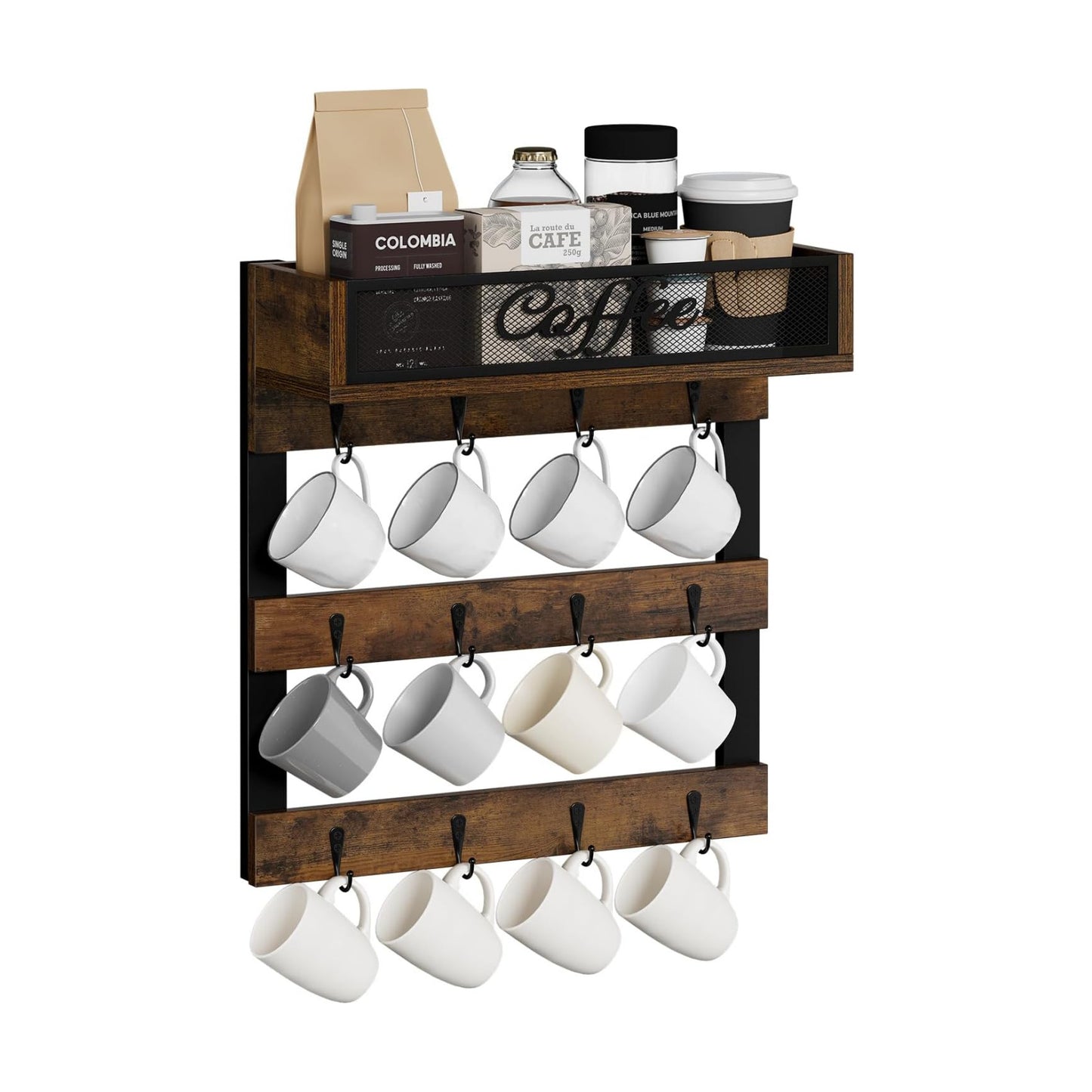 YINMIT Coffee Cup Holder Wall Mounted, 12-Hook Mug and Shelf for Coffee Bar | Rustic Coffee Mug Holder with Plus a Top