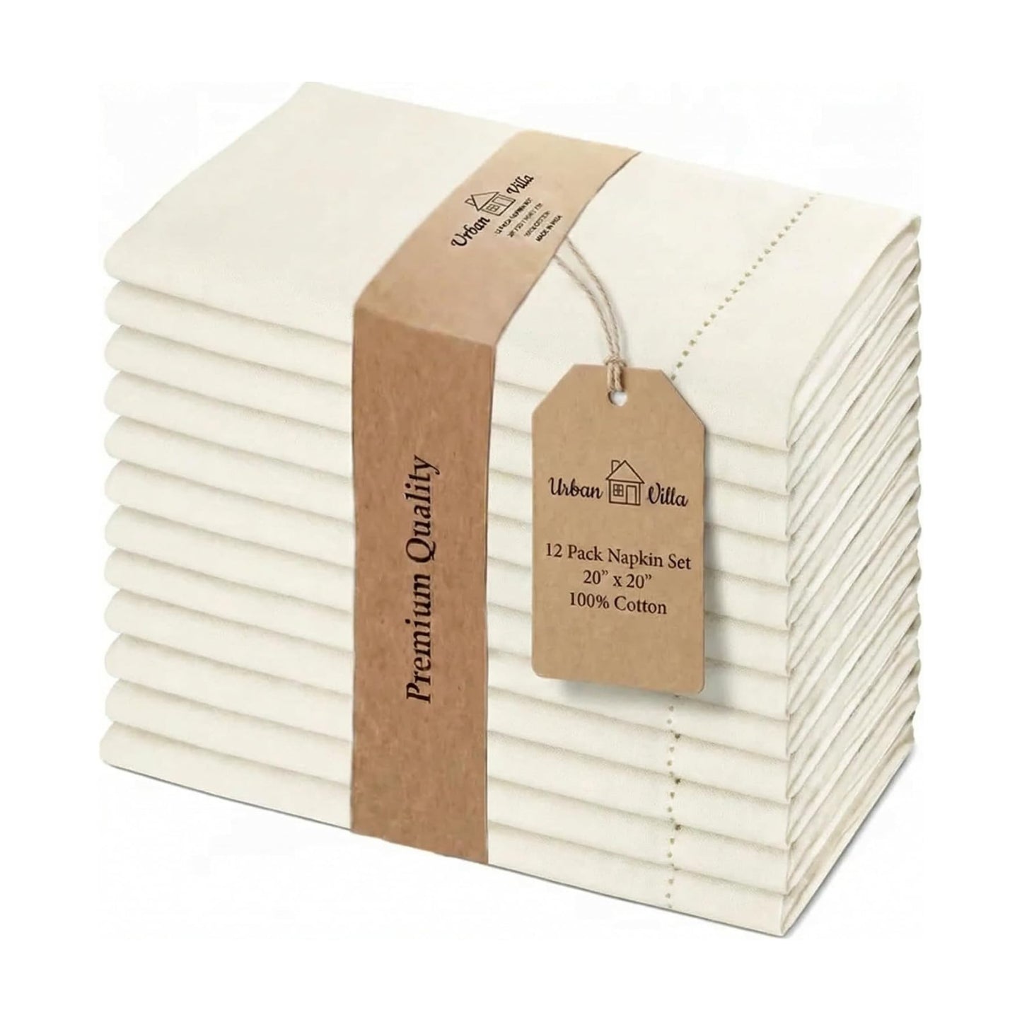 Urban Villa Cloth Napkins Ivory Hemstitch Dinner Napkins Set of 12 (20X20) 100% Cotton Absorbent Washable Durable