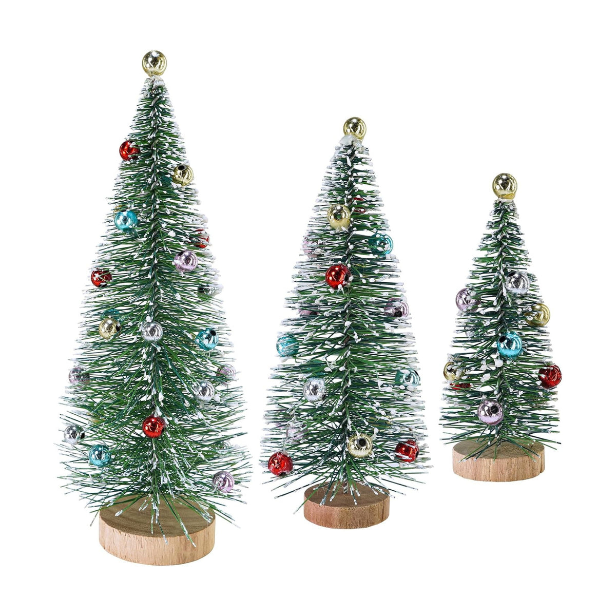 Winlyn 3 Pcs Christmas Frosted Bottle Brush Trees with Wood Base Small Green Sisal Trees with Ornaments Snowy Tabletop Christmas Trees 4.7"- 9.3" Tall for Christmas Village Decor Winter Holiday Party