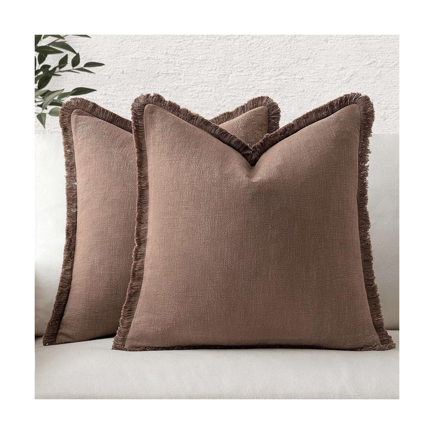 MIULEE Linen Fringe Decorative Fall Throw Pillow Covers Dark Coffee 20x20