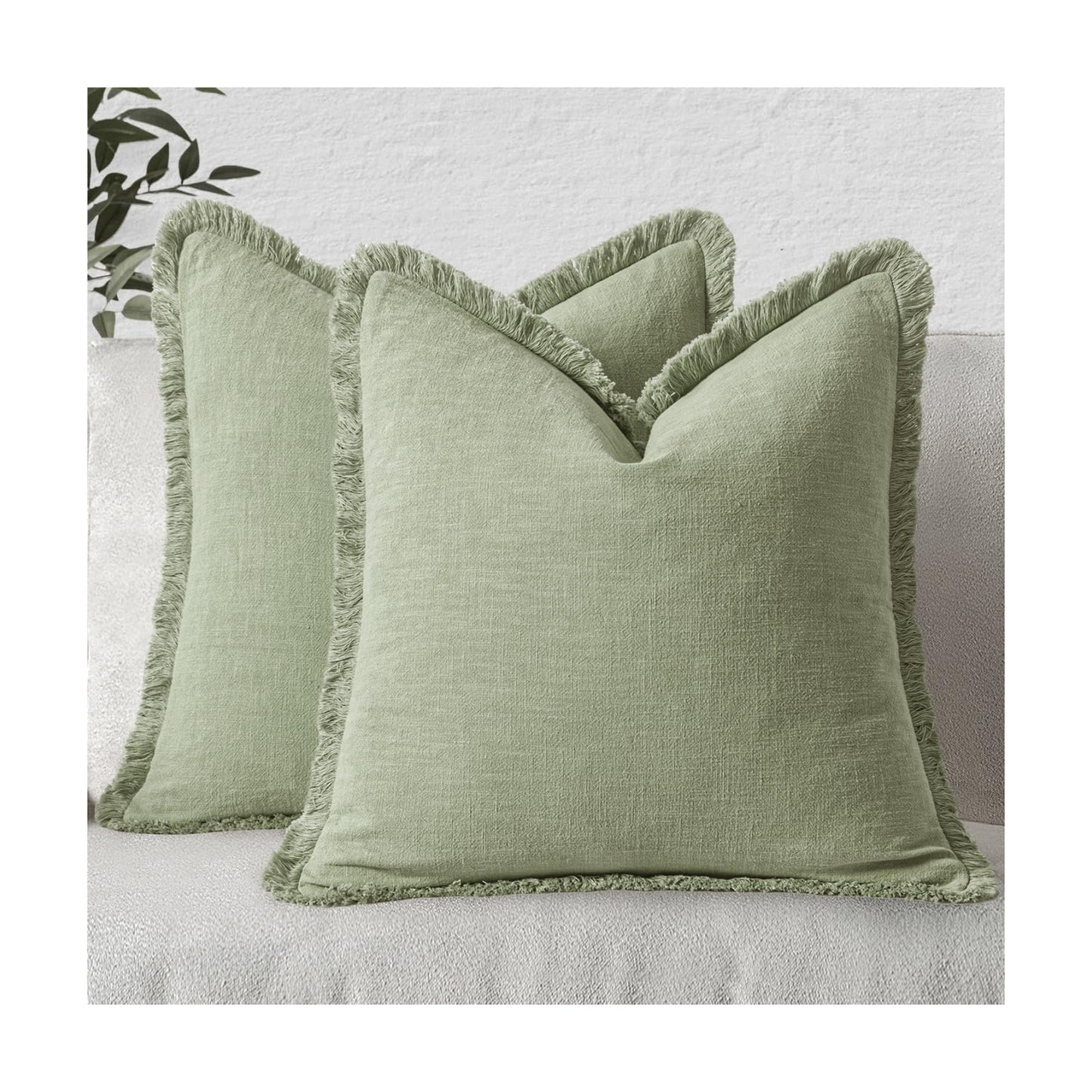 MIULEE Boho Linen Fringe Decorative Throw Pillow Covers Sage Green 20x20