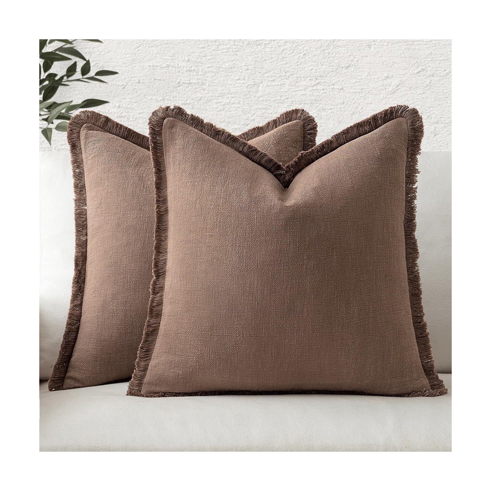 MIULEE Linen Fringe Decorative Fall Throw Pillow Covers Dark Coffee 18x18