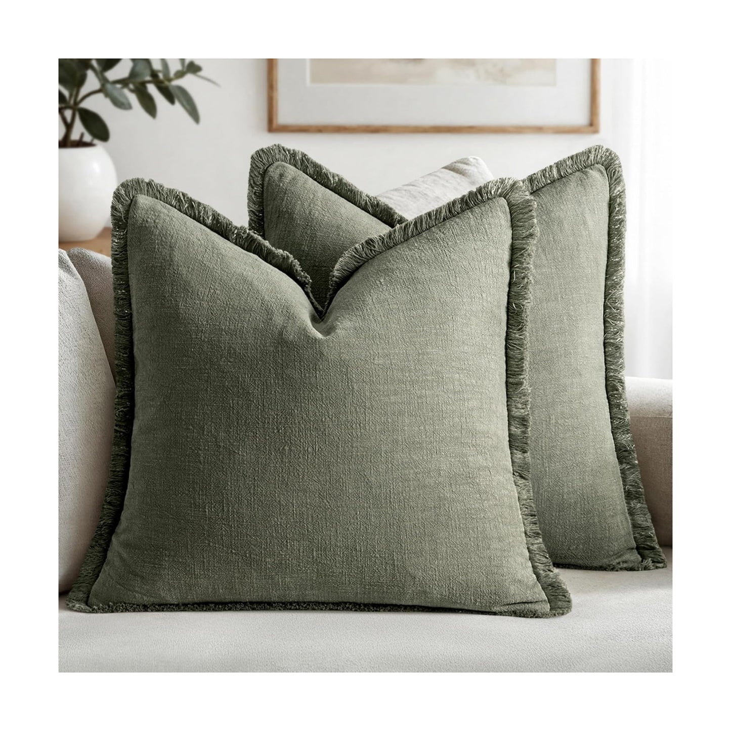 MIULEE Linen Fringe Decorative Throw Pillow Covers Light Olive Green 20x20
