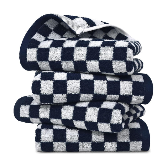 Navy Blue Hand Towels 4 Pack, Cotton Decorative Bathroom Hand Towel | Checkered Kitchen Decor, 13" x 29"