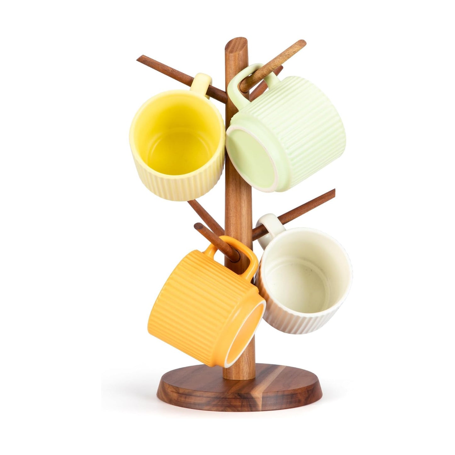 Acacia Wood Coffee Mug Tree Holder Countertop with 6 Hooks | Wooden Mug Organizer for Kitchen Coffee Bar, Easy to