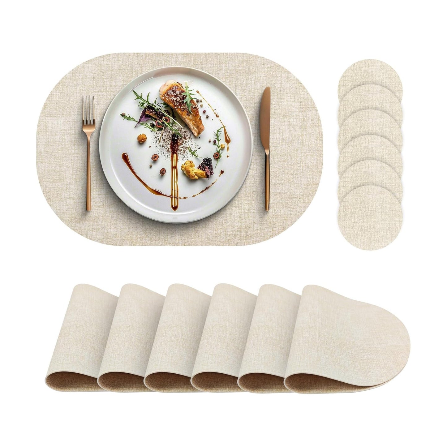 Faux Leather Placemats Set of 6 with Matching Coasters, Heat Resistant PU Oval Placemats, Waterproof Wipeable Washable