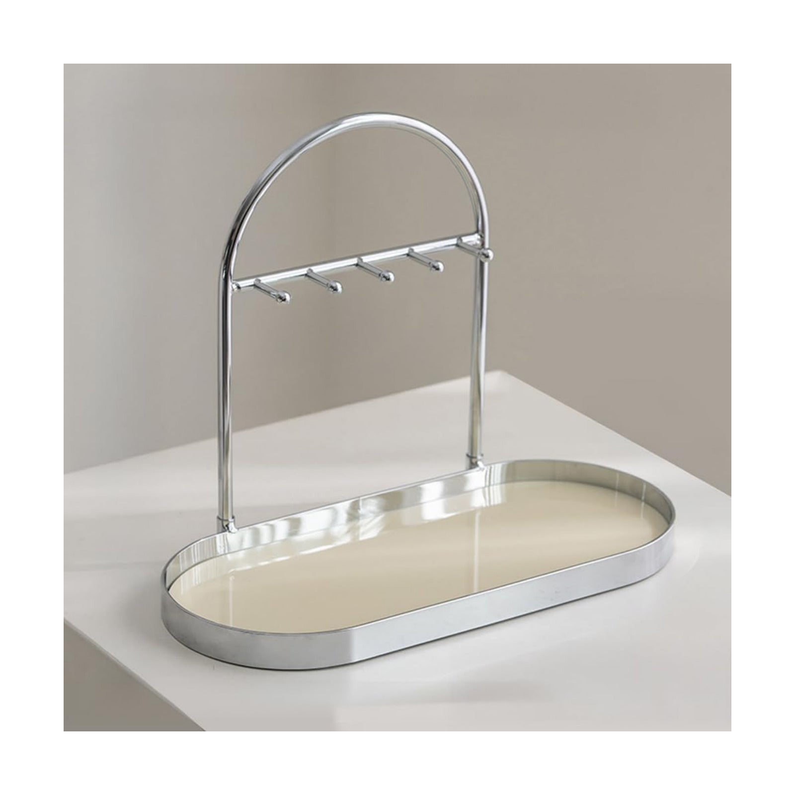 Metal Jewelry Organizer Stand & Key Holder Tray / Silver Creamy