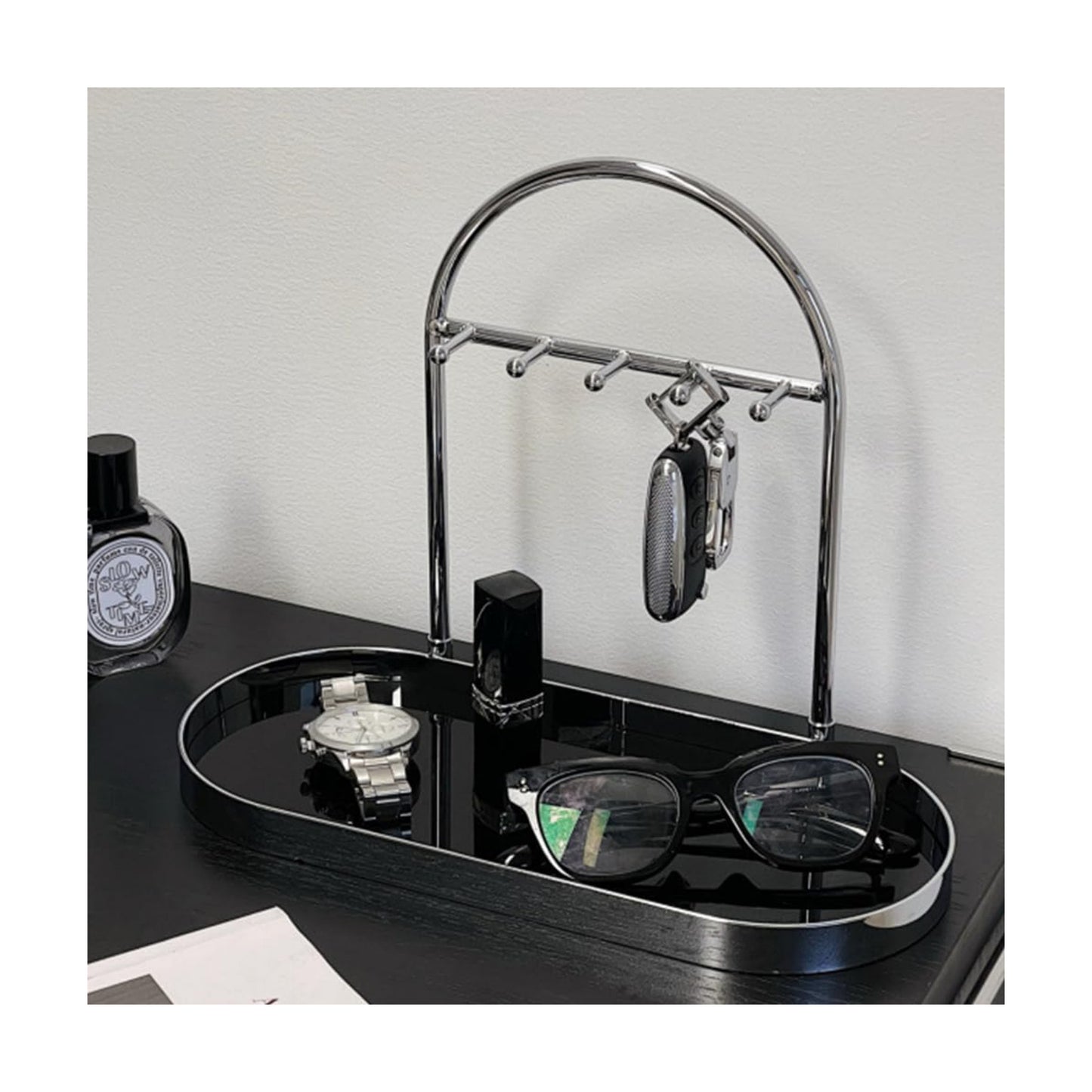 Metal Jewelry Organizer Stand & Key Holder Tray / Silver Black