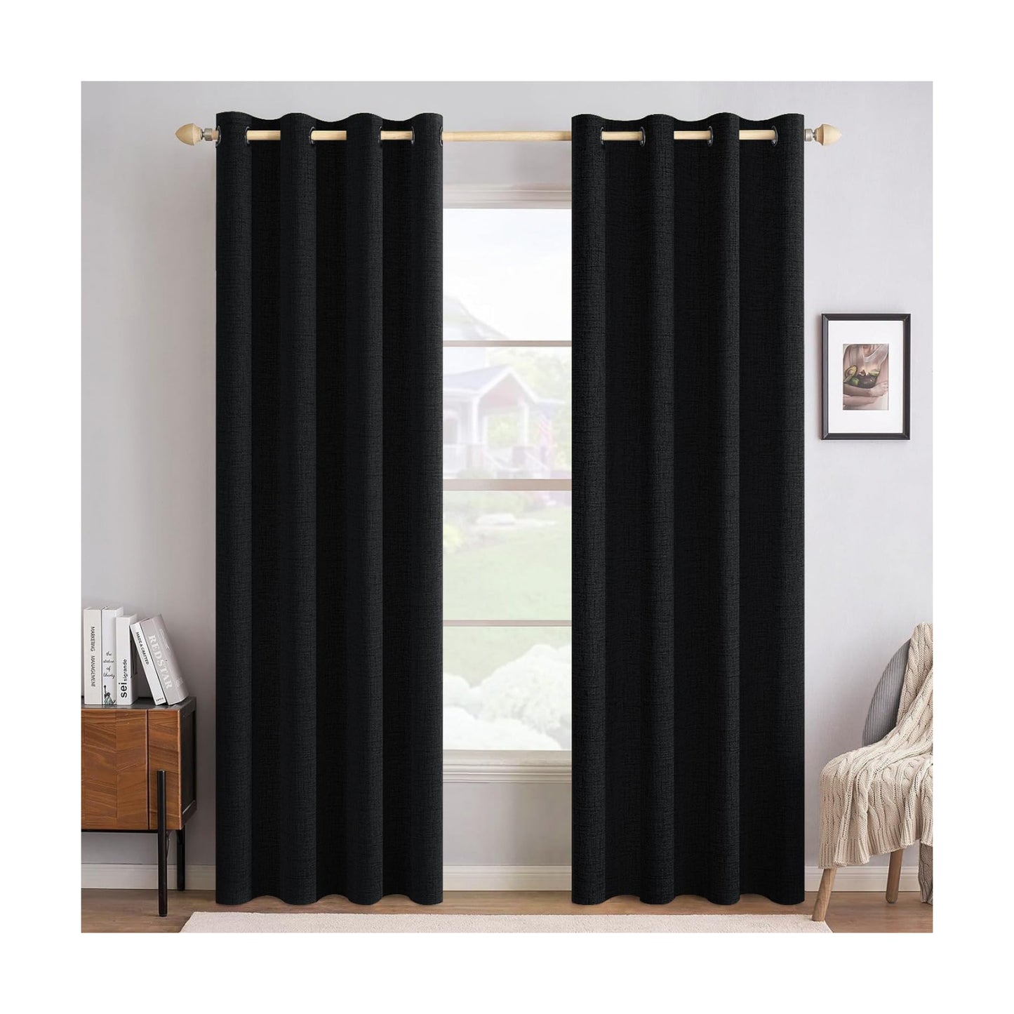 MIULEE 100% Blackout Linen Curtains for Bedroom 52x96 Inches Black