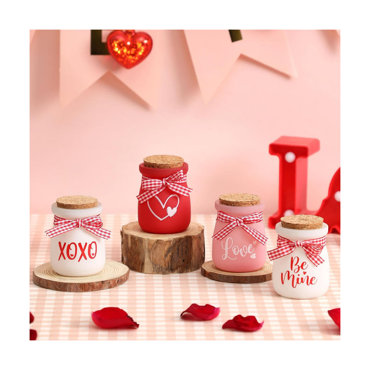 4 Pcs Valentines Day Tiered Tray Decor, Mini Mason Jars for Valentines Table Decor, Valentines Gift for Women, Small Valentines Day Decorations for Home, Office, Tiered Tray, Desk, Shelves