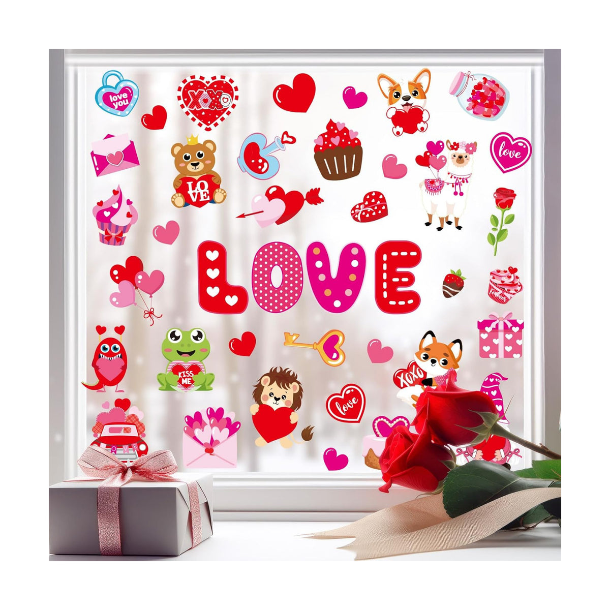 Whaline 9 Sheets Valentine's Day Cartoon Window Cling Stickers Red Pink Love Heart Cake Gnome Reusable Window Decals for Wedding Anniversary Party Home Office Classroom Decoration