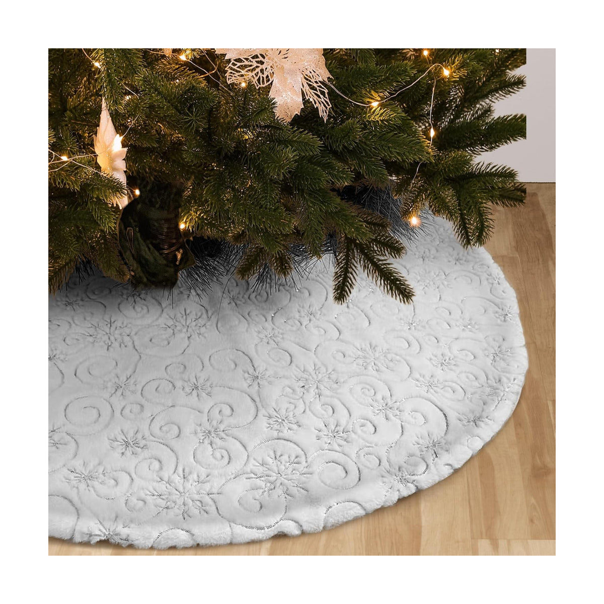 Christmas Tree Skirt 48 inch Silver Christmas Tree Skirt Embroidered Sequins Faux Fur for Xmas Holiday Home Party Decorations